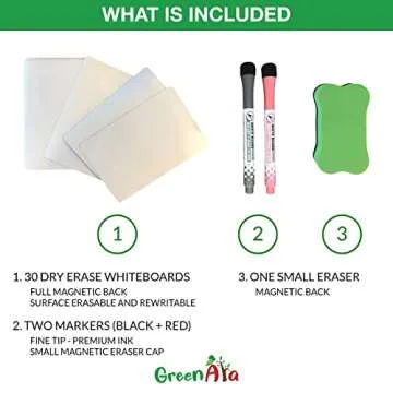 Magnetic Dry Erase Whiteboard Cards - Set of 30 (6x4 in) - Includes 30 Erasable Blank Whiteboard Sheets, 2 Markers and 1 Eraser