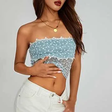 MYBFYABO Women's Strapless Tube Top Y2k Going Out Bandeau Crop Tops Sleeveless Cami Shirt Off Shoulder Vest Tank Fairy Top Streetwear（Lake Blue10,Small）
