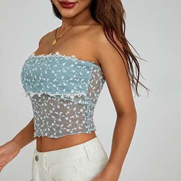 MYBFYABO Women's Strapless Tube Top Y2k Going Out Bandeau Crop Tops Sleeveless Cami Shirt Off Shoulder Vest Tank Fairy Top Streetwear（Lake Blue10,Small）