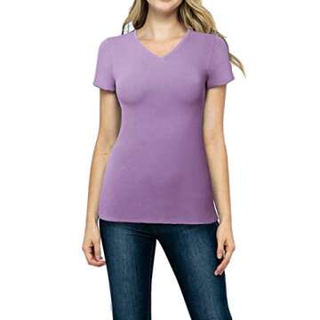 STARJJ Womens Basic Active Strethcy Slim Fit Bodycon V-Neck Short Sleeve T-Shirt Top (S-XL) Lavender L