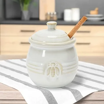 Creative Co-Op Embossed Stoneware Honey Pot with Dipper