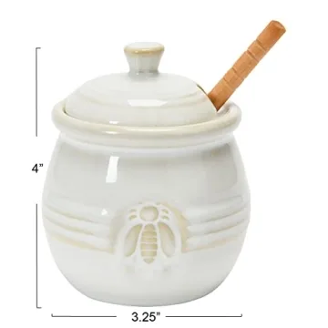 Creative Co-Op Embossed Stoneware Honey Pot with Dipper