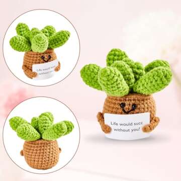 Hoedia Handmade Emotional Pickle Gift, Cucumber Crochet Doll Inspirational Gifts with Cards, Cute Knitted Funny Support Pickle Potato Friend Birthday (Positive Succulent)