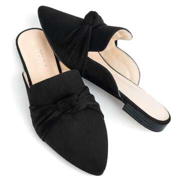 MUSSHOE Mules for Women Comfortable Pointed Toe Backless Slip-on Slides Loafer Flats with Knot,Black 9.5