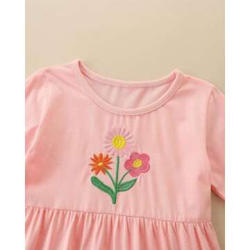 Bumeex Kids Toddler Girls Long Sleeve Dresses Cotton Fall Winter Spring Casual Cute Clothing Outfits Clothes Pink Flower 4t