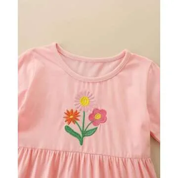 Bumeex Kids Toddler Girls Long Sleeve Dresses Cotton Fall Winter Spring Casual Cute Clothing Outfits Clothes Pink Flower 4t