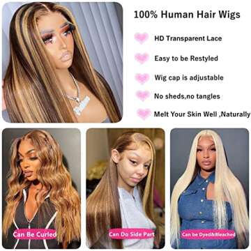 SUPERLOOK Balayage Highlight Lace Front Wig Human Hair Ombre Lace Front Wigs Human Hair Wear and Go Glueless Wig Pre Plucked 12A 220% Density 6x5 Pre Cut Bleached Tiny Knots（18Inch,FB27 Body Wigs）
