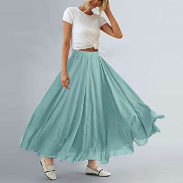 ASHER FASHION Women's Bohemian Style Elastic Waist Band Cotton Linen Long Maxi Skirt Dress (85CM, Water Blue)