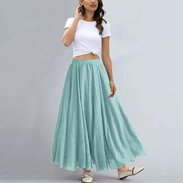 ASHER FASHION Women's Bohemian Style Elastic Waist Band Cotton Linen Long Maxi Skirt Dress (85CM, Water Blue)