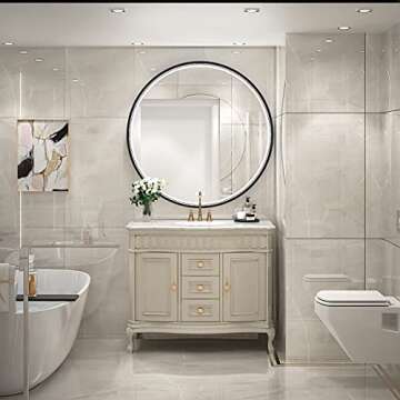 FTOTI 32 Inch LED Black Frame Round Bathroom Mirror with Light,Wall Mounted Lighted Vanity Mirror, Anti-Fog & Dimmable Touch Switch, Waterproof IP54,90+ CRI