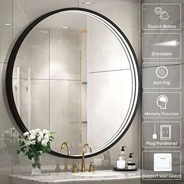 FTOTI 32 Inch LED Black Frame Round Bathroom Mirror with Light,Wall Mounted Lighted Vanity Mirror, Anti-Fog & Dimmable Touch Switch, Waterproof IP54,90+ CRI
