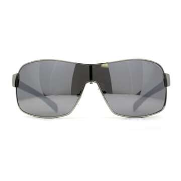 Mens Italian Designer Fashion Wrap Shield Sport Pilot Sunglasses Black - Silver Mirror