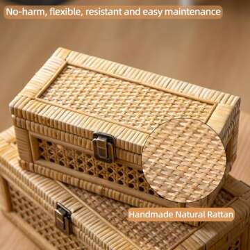 HuiDao Rattan Decorative Box, Boho Display Boxes with Lids, Set of 2 Rectangular Wicker Storage Bask...