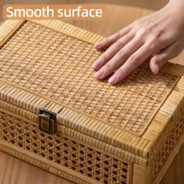 HuiDao Rattan Decorative Box, Boho Display Boxes with Lids, Set of 2 Rectangular Wicker Storage Basket, Natural Woven Cane Bins for Home Decor (Rectangular)