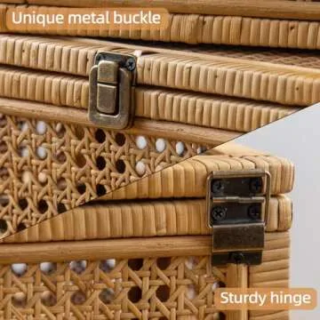 HuiDao Rattan Decorative Box, Boho Display Boxes with Lids, Set of 2 Rectangular Wicker Storage Basket, Natural Woven Cane Bins for Home Decor (Rectangular)