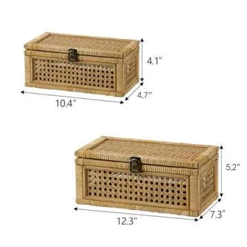 HuiDao Rattan Decorative Box, Boho Display Boxes with Lids, Set of 2 Rectangular Wicker Storage Basket, Natural Woven Cane Bins for Home Decor (Rectangular)