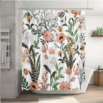 BIVINAR Green Boho Floral Long Shower Curtain 72 x 78 Inch, Flower Leaves Boho Chic Bathroom Curtain, Waterproof Fabric Plant Bathroom Shower Curtains