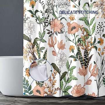 BIVINAR Green Boho Floral Long Shower Curtain 72 x 78 Inch, Flower Leaves Boho Chic Bathroom Curtain, Waterproof Fabric Plant Bathroom Shower Curtains