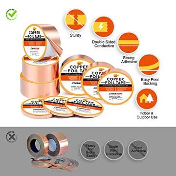 CHANZON Copper Foil Tape 6mm 1/4 inch x 66ft Double Sided Conductive Adhesive for Stained Glass,Soldering,Electric,Crafts,Repair,Paper Circuits,Grounding,Guitars