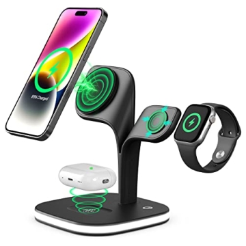 Wireless Charger, 15W 3 in 1 Fast Magnetic Charging Station, Charger Stand for iPhone 14/13/12 Pro M...