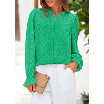 PRETTYGARDEN Womens Eyelet Long Sleeve Top Dressy Casual Hollow Out Button Up Lace Shirts Blouse(Bright Green,Large)