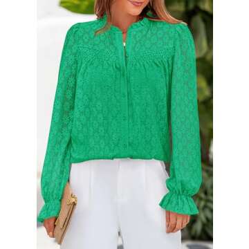 PRETTYGARDEN Womens Eyelet Long Sleeve Top Dressy Casual Hollow Out Button Up Lace Shirts Blouse(Bright Green,Large)