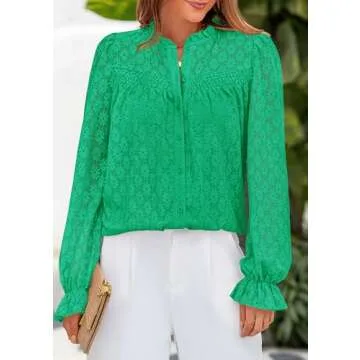PRETTYGARDEN Womens Eyelet Long Sleeve Top Dressy Casual Hollow Out Button Up Lace Shirts Blouse(Bright Green,Large)