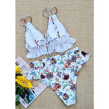 SPORLIKE Ruffle High Waisted Swimsuit Women Triangle Top Bikini Padded Swimwear(Floral 1/White,Small)
