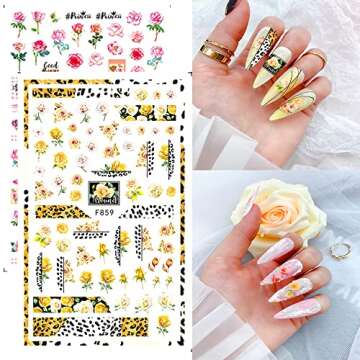 6 Sheets Flower Nail Art Stickers, Spring Rose Nail Decals 3D Self Adhesive Design Charm Acrylic Nail Art Supplies Rose Floral Butterfly Nail Stickers for Women Girls DIY Decoration Manicure Tips