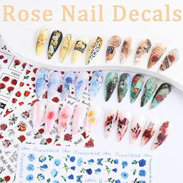 6 Sheets Flower Nail Art Stickers, Spring Rose Nail Decals 3D Self Adhesive Design Charm Acrylic Nail Art Supplies Rose Floral Butterfly Nail Stickers for Women Girls DIY Decoration Manicure Tips