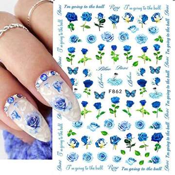 6 Sheets Flower Nail Art Stickers, Spring Rose Nail Decals 3D Self Adhesive Design Charm Acrylic Nail Art Supplies Rose Floral Butterfly Nail Stickers for Women Girls DIY Decoration Manicure Tips