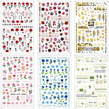 6 Sheets Flower Nail Art Stickers, Spring Rose Nail Decals 3D Self Adhesive Design Charm Acrylic Nail Art Supplies Rose Floral Butterfly Nail Stickers for Women Girls DIY Decoration Manicure Tips