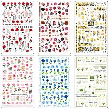 6 Sheets Flower Nail Art Stickers, Spring Rose Nail Decals 3D Self Adhesive Design Charm Acrylic Nail Art Supplies Rose Floral Butterfly Nail Stickers for Women Girls DIY Decoration Manicure Tips