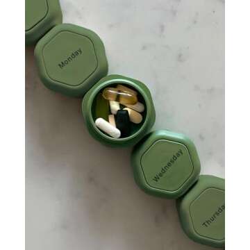 Cadence Travel Containers - Pill Case Set - Magnetic Travel Capsules - A Daily Pill Box for Supplements & Vitamins - Contains 7 Flex Smalls (0.56oz) with Labels for Everyday of The Week - Eucalyptus