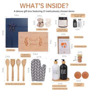 Housewarming Gifts New Home Basket，21-Piece Including Cutting Board, Handwashing Set, and Aromathe...