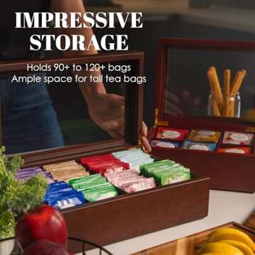 Tea Box - Luxury Wooden Tea Bag Organizer from The Apace Premier Collection - 8 Compartment Tea Storage Chest Container - Elegantly Handmade w/Scratch Resistant Window