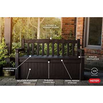 Keter Solana 70 Gallon Storage Bench Deck Box for Patio Furniture, Front Porch Decor and Outdoor Seating – Perfect to Store Garden Tools, Brown/Brown