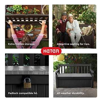 Keter Solana 70 Gallon Storage Bench Deck Box for Patio Furniture, Front Porch Decor and Outdoor Seating – Perfect to Store Garden Tools, Brown/Brown
