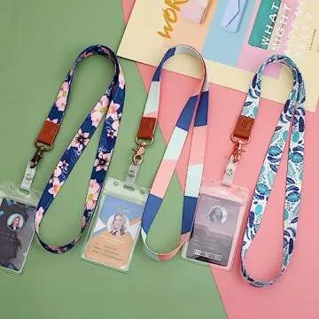 COOKOOKY lanyard with id holder Cute lanyards for women lanyard for keys id badge holder (Dark Blue Flowers)