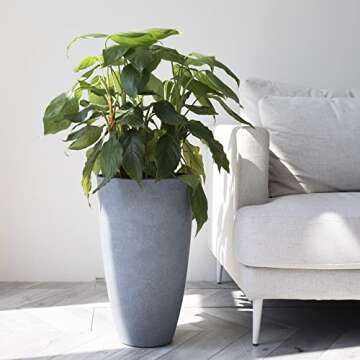 LA JOLIE MUSE Set of 2 Tall Planters with Trays, 20 Inch Indoor/Outdoor Tall Planters,Large Grey Flower Pots,Tree Planters for Front Door,Patio and Deck