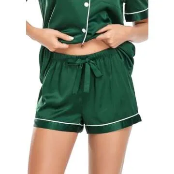 Serenedelicacy Women's Satin Pajama Set 2-Piece Sleepwear Loungewear Button Down Short Sleeve Silky PJ Set (Small, Dark Green)