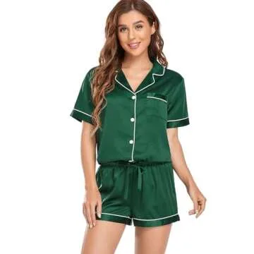 Serenedelicacy Women's Satin Pajama Set 2-Piece Sleepwear Loungewear Button Down Short Sleeve Silky PJ Set (Small, Dark Green)