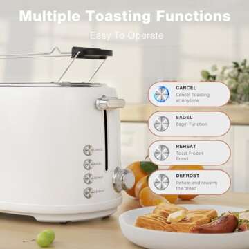 Evoloop 4 Slice Toaster, Long Slot Toaster with Warming Rack, 6 Shade Settings,Bagel/Defrost/Reheat/Cancel, 1.5" Extra Wide Slots Toaster for Croissants Bread, Stainless Steel (White)