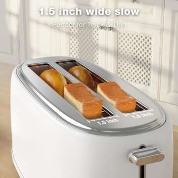 Evoloop 4 Slice Toaster, Long Slot Toaster with Warming Rack, 6 Shade Settings,Bagel/Defrost/Reheat/Cancel, 1.5" Extra Wide Slots Toaster for Croissants Bread, Stainless Steel (White)