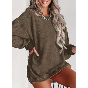 Womens Crewneck Corded Sweatshirt Casual Long Sleeve Oversized Trendy Pullover Comfy Tops(BR,M)