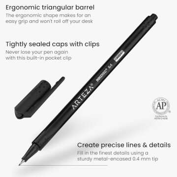 ARTEZA Black Inkonic Fineliners Pens, Set of 12, 0.4 mm Fine Tip Markers, Water-Based Art Pens for D...