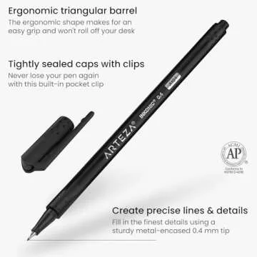 ARTEZA Black Inkonic Fineliners Pens, Set of 12, 0.4 mm Fine Tip Markers, Water-Based Art Pens for D...