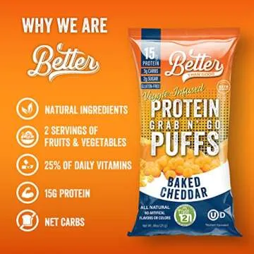Better Than Good Savory Keto, Gluten-Free Baked Cheddar Protein Puffs (4-Pack) - Paleo, Low Sugar, Low Calorie, Diabetic Friendly Snacks | 15g Protein & 2 Servings of Fruits & Veggies