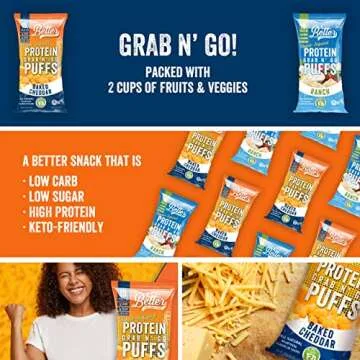 Better Than Good Savory Keto, Gluten-Free Baked Cheddar Protein Puffs (4-Pack) - Paleo, Low Sugar, Low Calorie, Diabetic Friendly Snacks | 15g Protein & 2 Servings of Fruits & Veggies