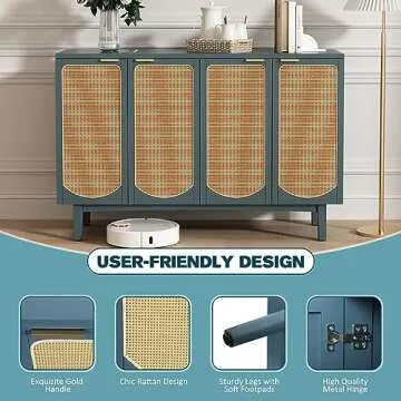 ARTPOWER Sideboard Buffet Cabinet with 4 Rattan Doors, Accent Storage Cabinet with Shelves, Free Standing TV Console Table, Modern Teal Credenza for Kitchen, Dining Room, Living Room, Hallway